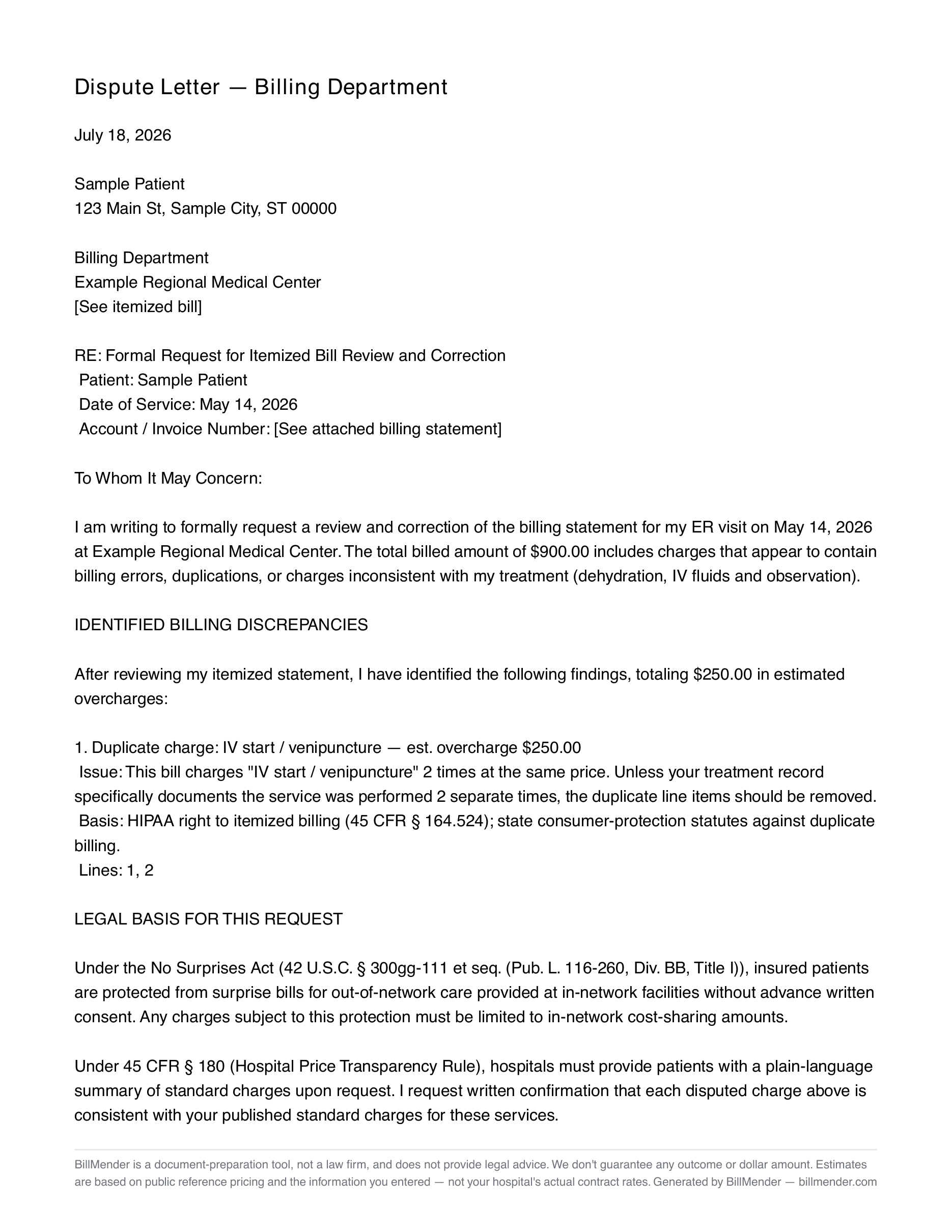 Sample dispute letter generated by BillMender, showing a duplicate IV-start charge finding with a $250 estimated overcharge and the HIPAA citation supporting it